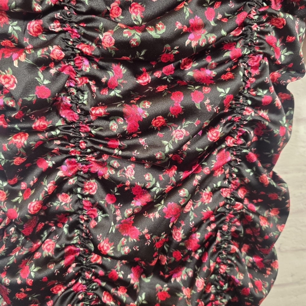 For Love & Lemons Black Off-Shoulder Ruched Mini Dress with Floral Print - Picture 7 of 15